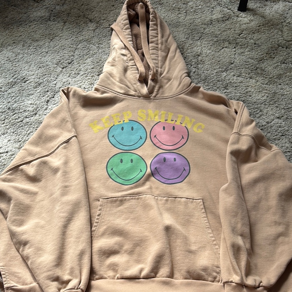 American Eagle Outfitters Tan Hoodie with Smiley Faces